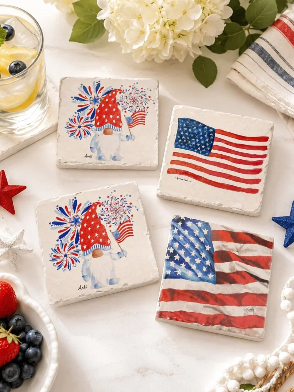 Set of 4 Patriotic Gnome Stone Coasters